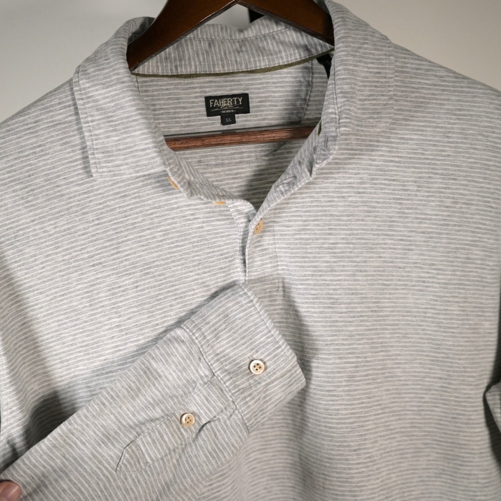 Faherty Reserve Mens XL Long Sleeve Polo Shirt Gray Stripe 100% Peruvian Cotton